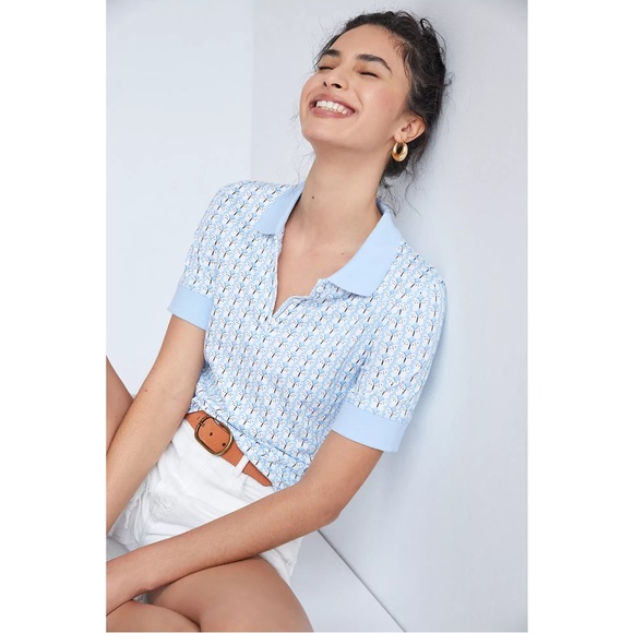 Light Blue Patterned Women's Polo Shirt - Picture 1 of 11